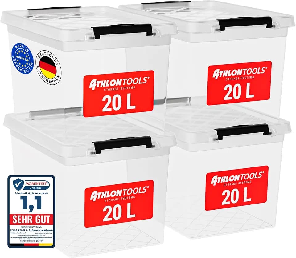 ATHLON TOOLS 4x 20 L Aufbewahrungsboxen mit Deckel, lebensmittelecht