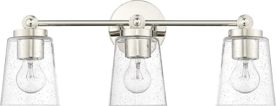 ML Lighting | Lauryn Collection | 22003-PN | 3 Light Vanity in Polished Nickel Finish with Clear Seeded Glass Shade | Versatile Design That adds High-End Texture and Elegance to Your Bathroom