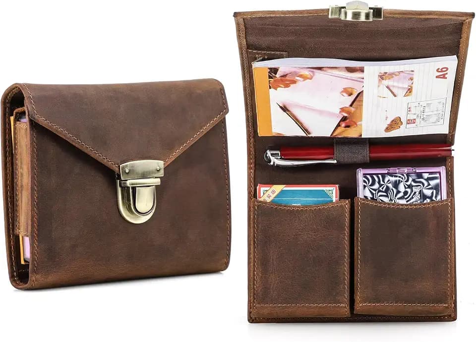 CONTACTS Spielkartenetui aus echtem Leder mit Stift- und Notizblockhalter für Outdoor-Reisen, 2 Deck-Kartenbox, brauner Kartenspiel-Organizer für 2 Decks, Punkte-Set
