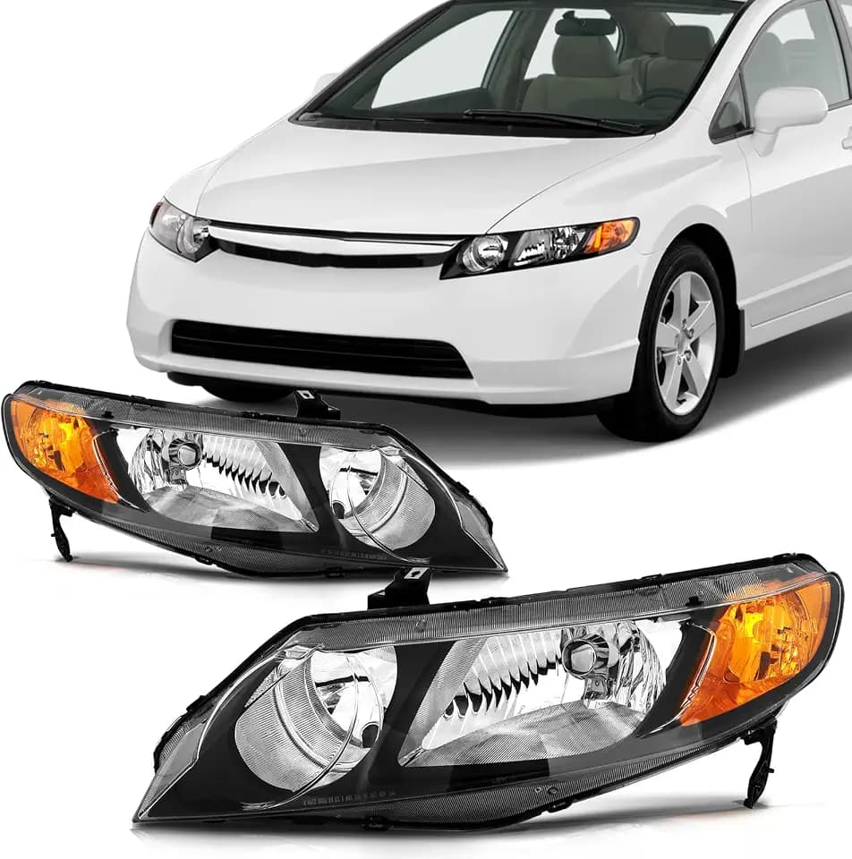 SCITOO Headlights For Honda Civic Sedan 4Dr 2006-2011 Headlamps Black Housing Amber Reflector Clear Lens Driver and Passenger Side
