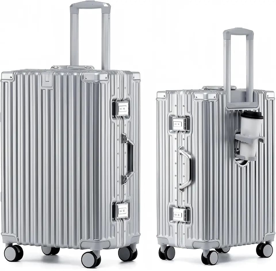 Aoliwei Größe Koffer L 73cm - Alurahmen Hartschalenkoffer aus 100% Polycarbonat, ca. 90L - Premium Reisekoffer mit Getränkehalter & TSA-Schloss - Leiser 4-Rollen Trolley - Silber