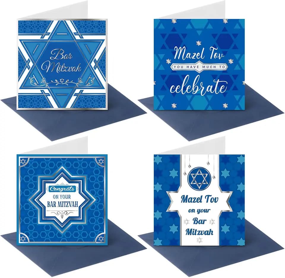 Sinload 12 Stück blaue Bar Mitzvah Karten Fledermaus und Bar Mitzvah Boxkarten Davidstern-Design Glückwunschkarten jüdische Grußkarten mit Umschlägen
