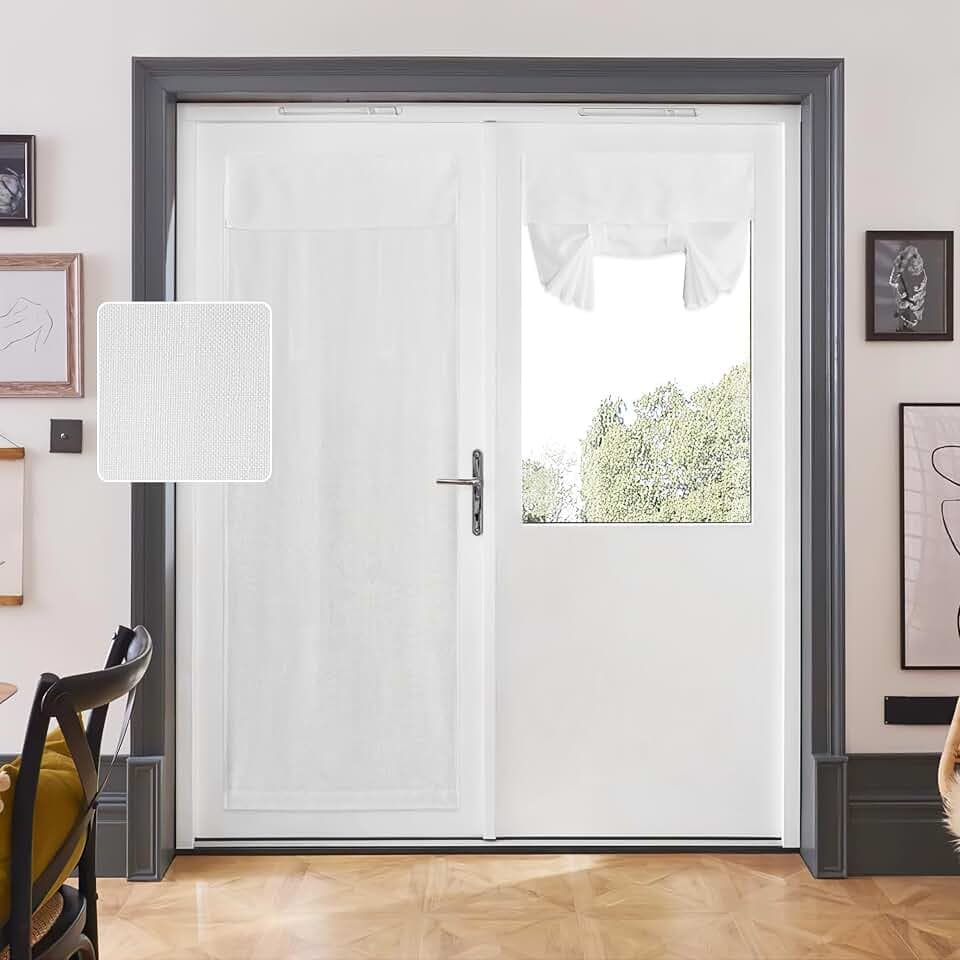 RYB HOME Natural Linen Blended French Door Curtain Privacy Light Filgtering Tricia Window Door Curtain for Patio Sidelight Glass Blind Tie Up Shade for Kitchen, W 26 x L72, White, 1 Panel