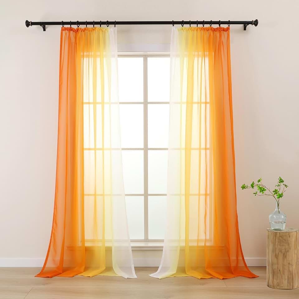 L.Z.E Vorhänge Gardine Farbverlauf mit Kräuselband Vorhang Orange Weiß für Wohnzimmer Kinder Mädchen Schlafzimmer Fenster Transparent 2er Set Voile Gardinen Schal 140 x 145 cm Kurz (LZE2220T-OR145)