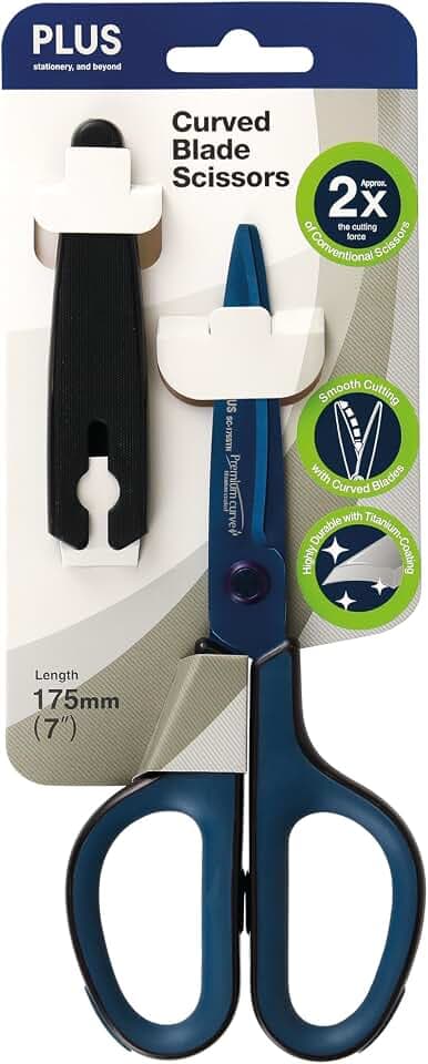 PLUS Edelstahlschere "Curved Blade Scissors" SC-175STN, Titanium-Versiegelung für lange Haltbarkeit, Antihaftbeschichtung, für Rechtshänder, 1 Stück, dunkelblau