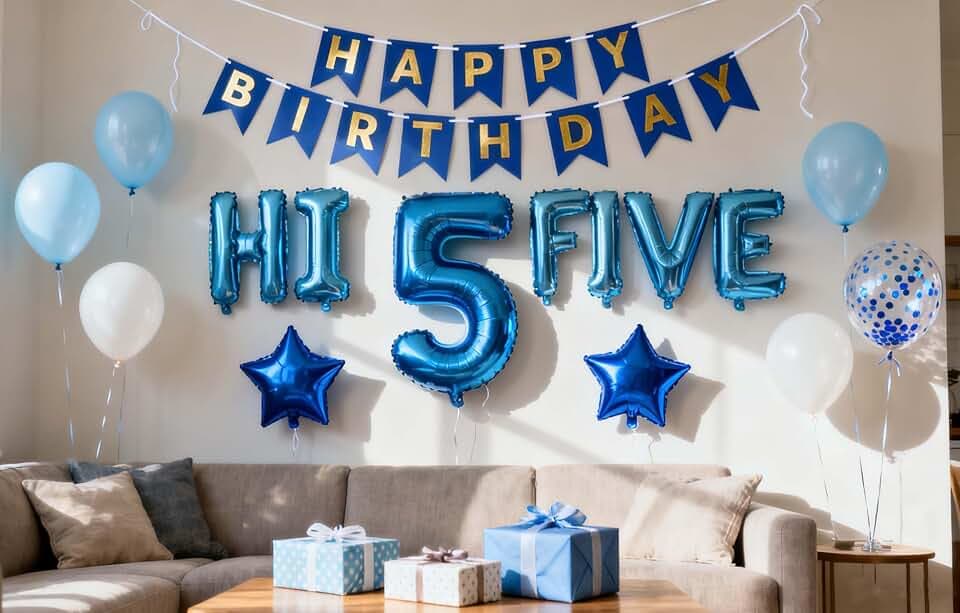 5th Birthday Decorations Gold for Boys,Hi Five Birthday Balloons 5th Birthday Banner Number 5 Star Foil Balloons Latex Confetti Balloons for 5 Years Old Birthday Supplies Boys (Blue)