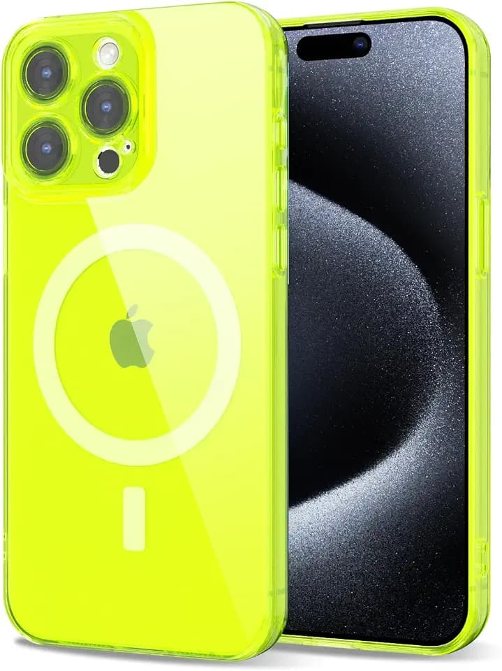 Svanove for iPhone 15 Pro Case Clear Compatible with Magsafe Silicone, Bright Transparent Thin Magnetic Mag Safe Case Cute, Girly Trendy Slim Hard Camera Cover Protection, Fluorescent Neon Green Lime