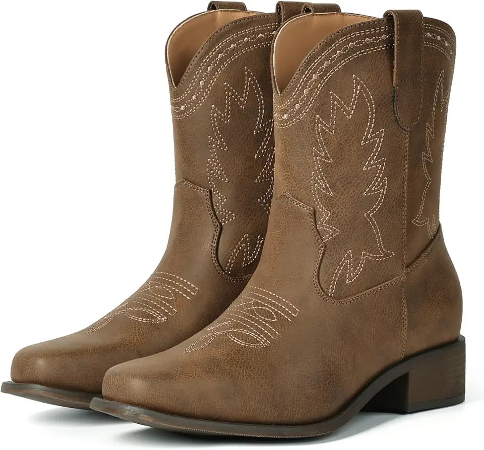 IUV Cowboy Boots for Women Square Toe Wide Ankle Western Cowgirl Boots