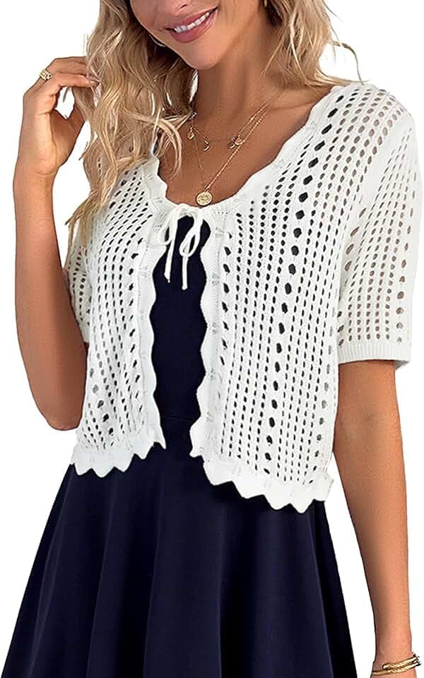 Kate Kasin Women Crochet Shrug Knit Sweater, Short Sleeve Cropped Cardigan