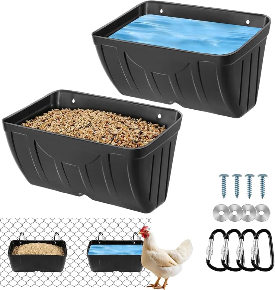 Chicken Feeder Waterer,Hanging Goat Feeders,5 Quart*2 Pack,Feeder Trough for Sheep Duck Poultry Dog, Fence Feeder Trough Livestock Feeding Container, Chicken Coop Accessories,Black