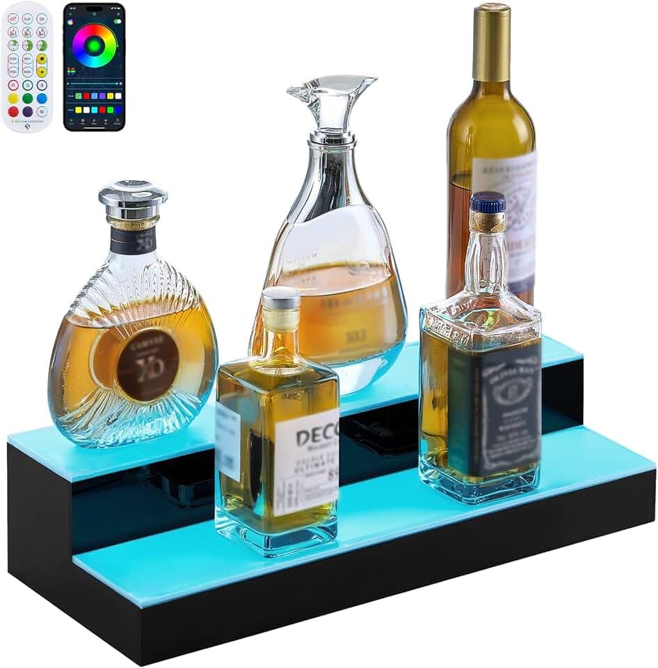 VEVOR LED Lighted Liquor Bottle Display, 2 Tiers 20 Inches Whiskey Rack, Supports USB, Illuminated Home Bar Shelf with RF Remote & App Control, 9 Static Colors, Acrylic Lighted Shelf for 10 Bottles