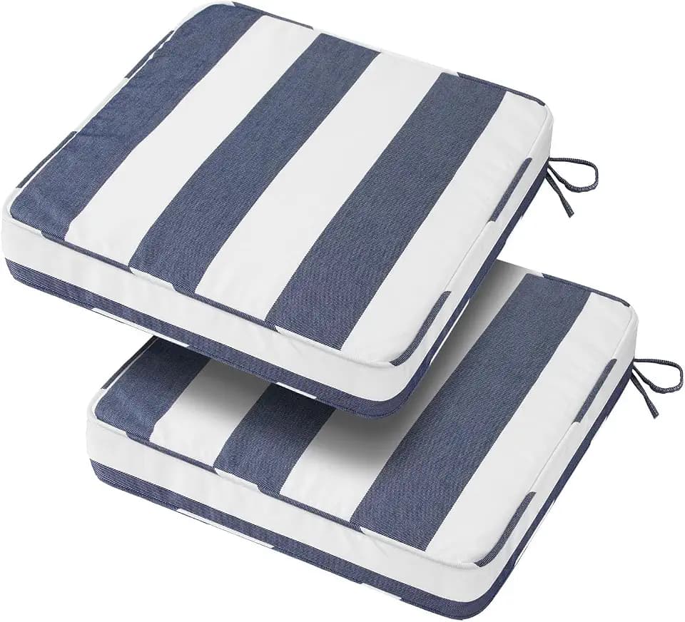 18x18x3 Inch Outdoor Square Corner Chair Cushions with Ties Set of 2, Water&Fade Resistant Thick Seat Cushion Pads for Garden Patio Dining Porch Furniture - Navy White Striped