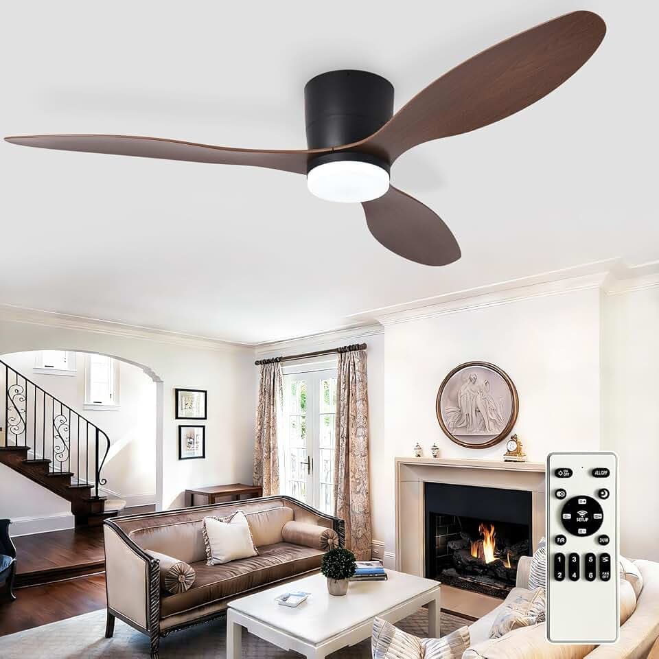 Depuley Flush Mount Ceiling Fan: 52-Inch Black Ceiling Fans with Lights for Bedroom Indoor Outdoor - Low Profile Ceiling Fans with Remote Control 24W 3CCT Dimmable 3 Reversible Walnut Blades 6 Speeds