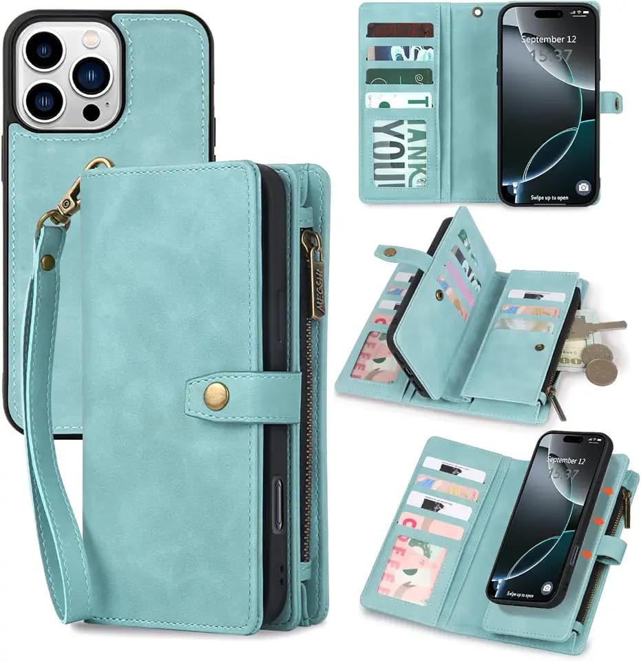 TwoHead Wallet Case for iPhone 16 Pro Max,with 11 Card Holders,Blue