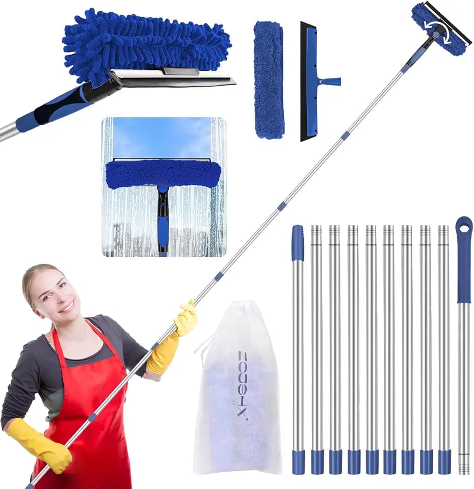 Window Squeegee Tool with Extension Pole: 20+ Feet Microfiber Scrubber Window Cleaning Kit for Rv Truck Bus Car Windshield - 3 to 14 Ft Spliceable Extendable Long Duster for High Outside Solar Panel
