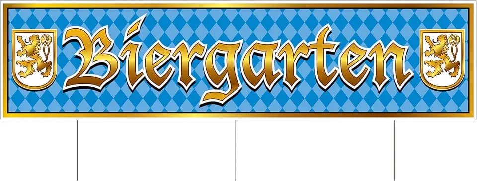 Beistle 11.75" x 3' 11" Corrugated Plastic Jumbo Biergarten Yard Sign With Metal Stakes, Outdoor Lawn Decorations for Oktoberfest Party Supplies