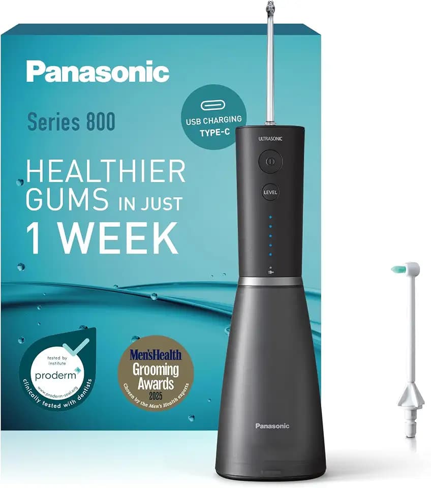 Panasonic Series 800 Ultraschall-Munddusche EW-DJ86-K503, Zahndusche, Munddusche kabellos, 200 ml, 1 Ultraschall- & 1 kieferorthopädische Düse, 5 Wasserdruckstufen, Reisezubehör, USB-C-Ladung,Schwarz