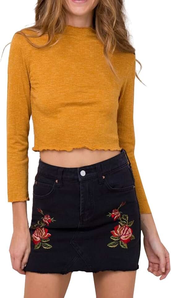 Simplee Apparel Damen Mini Rock Retro High Waist Bleistift Stickerei Denim Kurz Röcke Skirt mit Taschen Schwarz