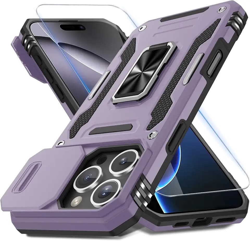 DEERLAMN Case for iPhone 16 Pro Max with Slide Camera Cover+Screen Protector (1 Pack), Rotated Ring Kickstand Military Grade Shockproof Protective Cover-Deep Purple