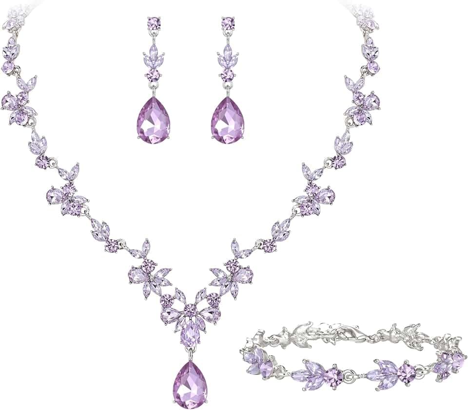 Crysdue Wedding Jewelry Set for Women Bride Bridesmaid, Stunning Marquise Rhinestone Crystal Floral Leaf Vine Pendant Necklace Dangle Earrings Bracelet for Prom Party