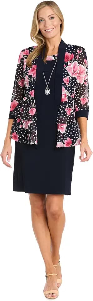 R&M Richards Women's 2-Piece Dress Set W/Floral & Dot Mesh Jacket, Ruffle Detail & Detachable Necklace