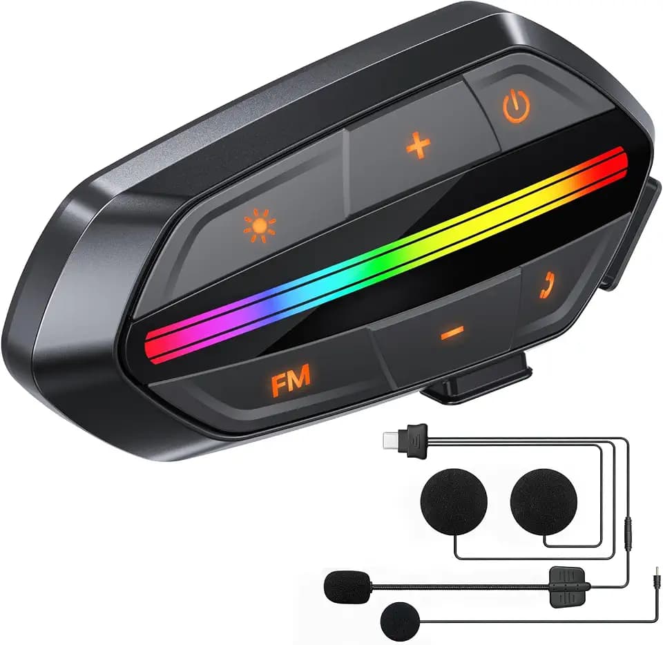 Motorcycle Bluetooth Headset V5.3, Noise Cancelling Helmet Speakers with High Volume, Dual Mic, 1000mAh Battery, IPX6 Waterproof & RGB Lights for Riding