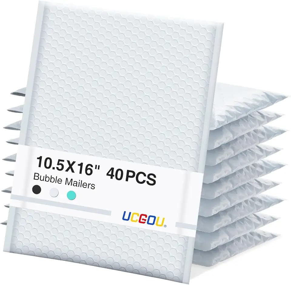 UCGOU Bubble Mailers 10.5x16 Inch 40 Pack Usable Size 10.5x15 Inch Large Padded Envelopes White Waterproof Packaging Bags for Shipping Self Seal Strong Adhesion Envelopes for Jewelry Makeup Supplies