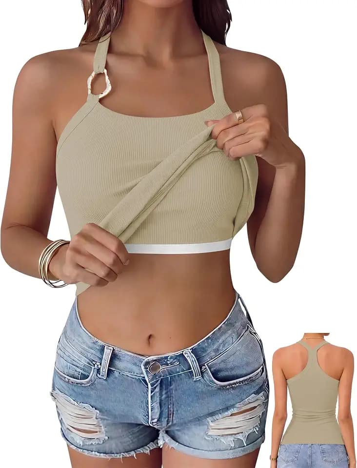 OwnTime Womens Built in Bra Tank Tops Padded Summer Sleeveless Square Neck Racerback Shirts Ribbed Fitted Basic Tops
