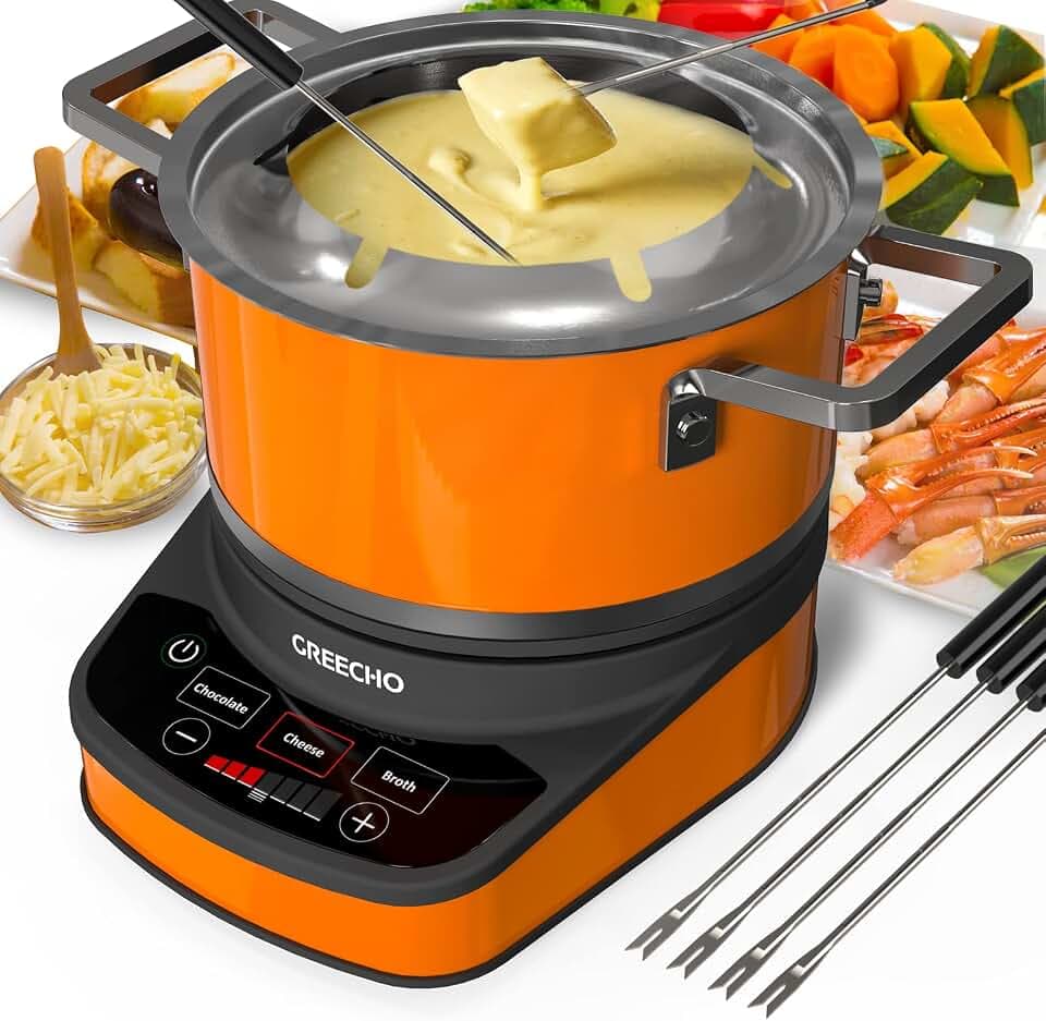 GREECHO Digital Electric Fondue Set — 2.6 Quart Fondue Pot of Stainless Steel Cookware With Temperature Control, 1200W Fondue Cheese for Electric Countertop, Melting Chocolate Maker, Vibrant Orange