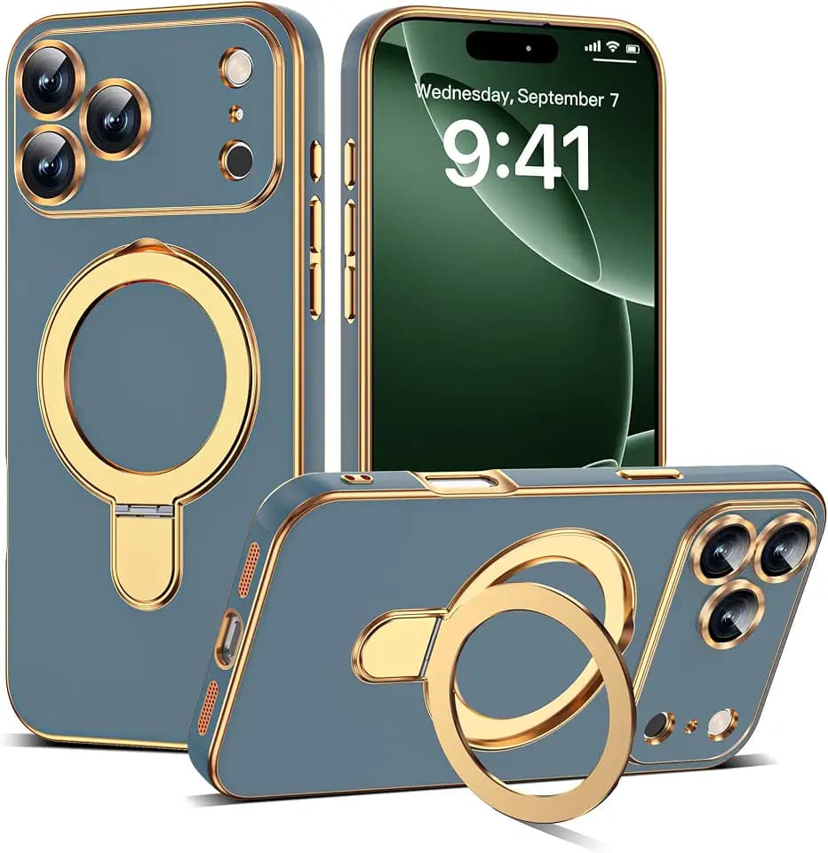 Plating Phone Case for iPhone 17 Pro with Stand 6.3", Grey Blue