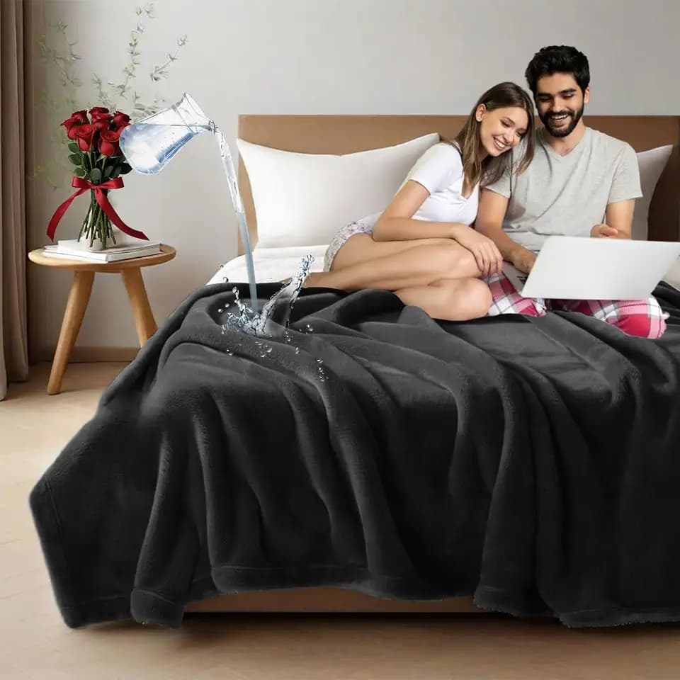 Waterproof Black Blanket for Bed 90''x80'', Flannel & Sherpa