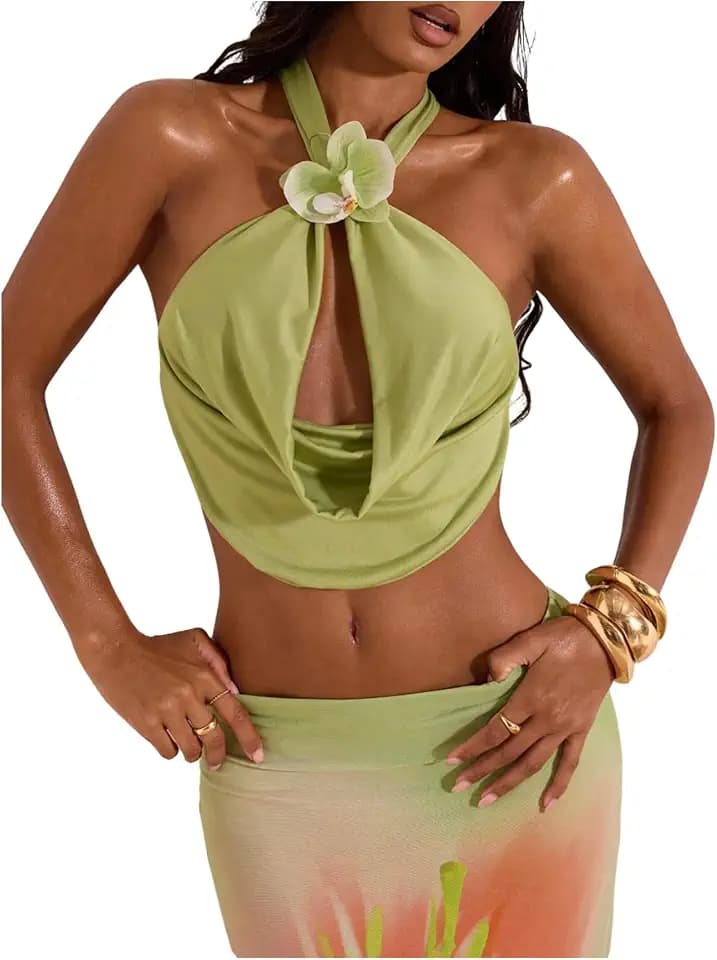 MakeMeChic Women's Draped Neck Halter Top 3D Floral Backless Summer Beach