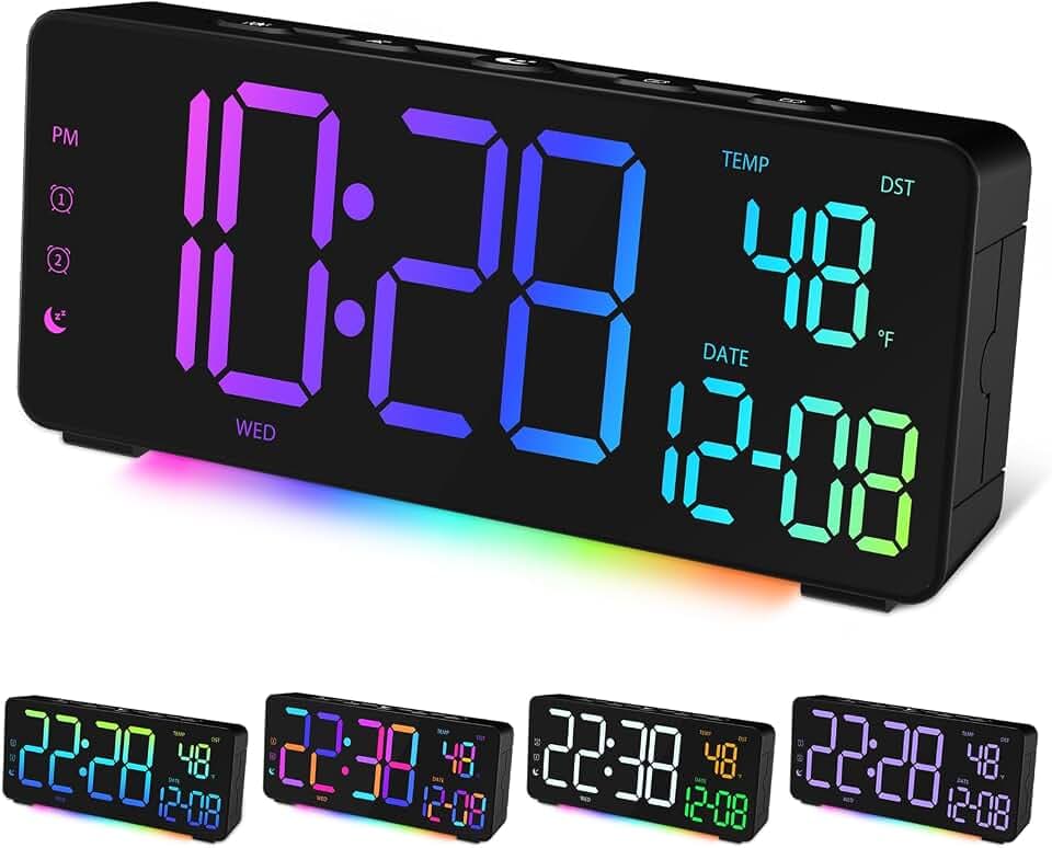 Digitaler Wecker LED Wecker Digital für Schlafzimmer mit Großem Display,USB-Ladeanschluss,12/24 Stunden,Schlummerfunktion,RGB-Umgebungsbeleuchtung,Dual-Alarm,Temperatur,Datum Sommer/Winterzeit,Schwarz