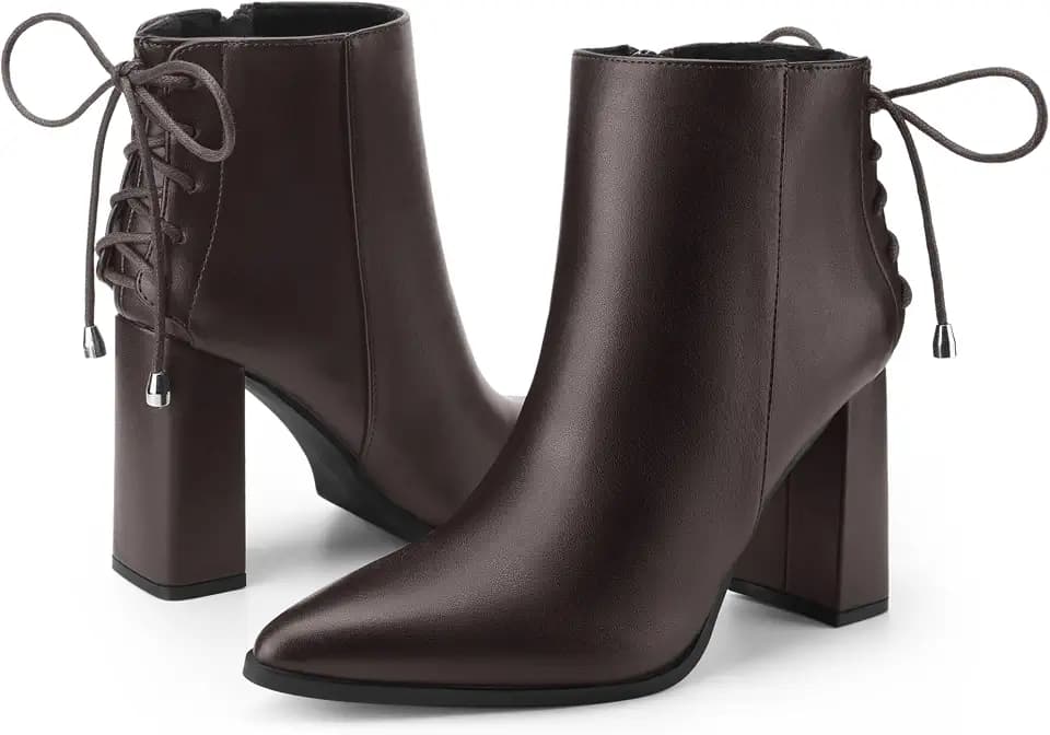 Perphy Women Faux Leather Pointed Toe Back Lace Up Chunky Heel Ankle Boots