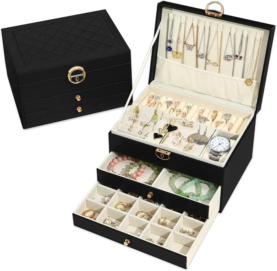 Granbest Elegante Schmuckschatulle mit drei Ebenen und mehreren Fächern, ideal zum Organisieren von Halsketten, Ringen und Ohrringen (schwarz)