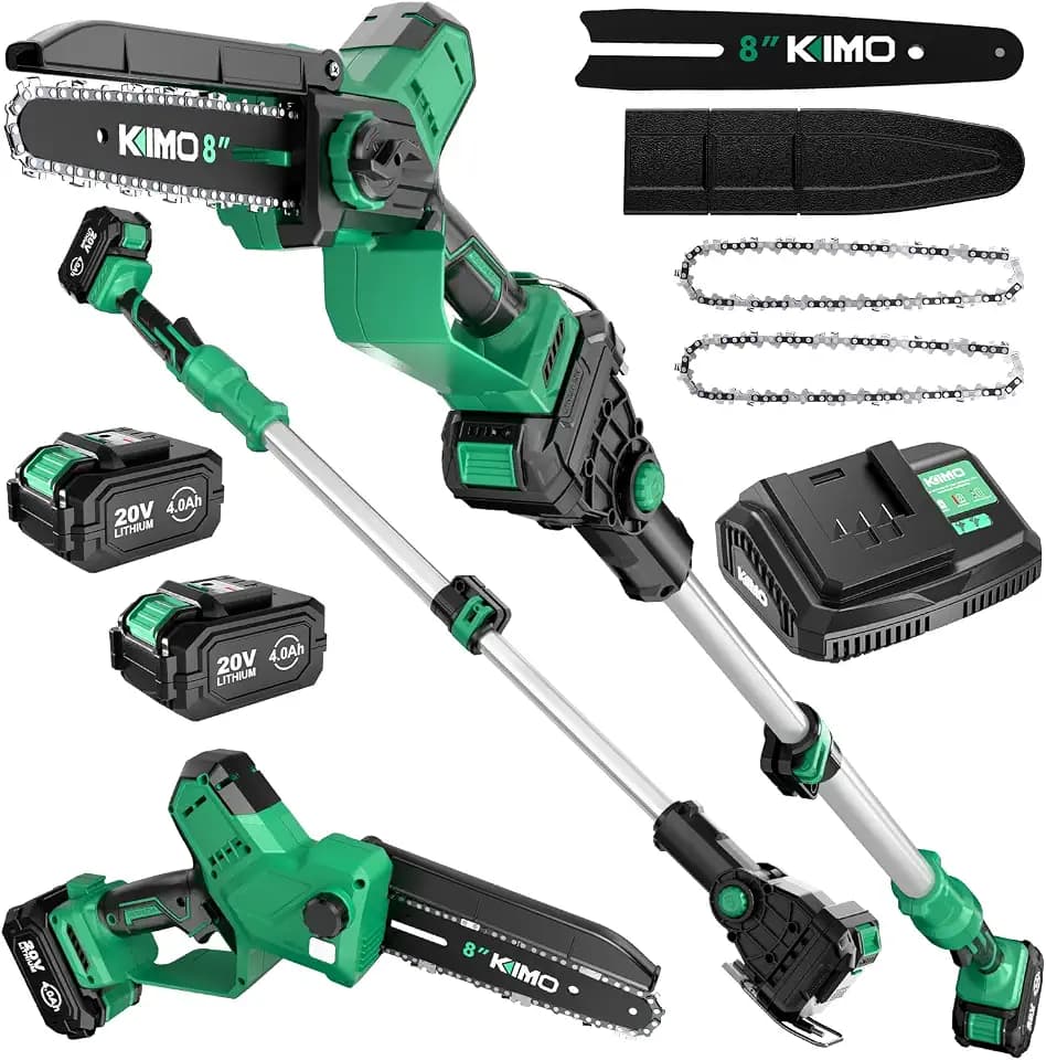 KIMO Pole Chainsaw 8inch w/2 x 4.0Ah Battery & Fast Charger, 34 FT/S Powerful Cutting, Auto Oiler, Security Lock, Battery Operated Chainsaw for Wood Cutting Tree Trimming