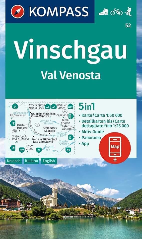 KOMPASS Wanderkarte 52 Vinschgau / Val Venosta 1:50.000: 5in1 Wanderkarte mit Aktiv Guide, Detailkarten und Panorama inklusive Karte zur offline ... in der KOMPASS-App. Fahrradfahren. Skitouren.