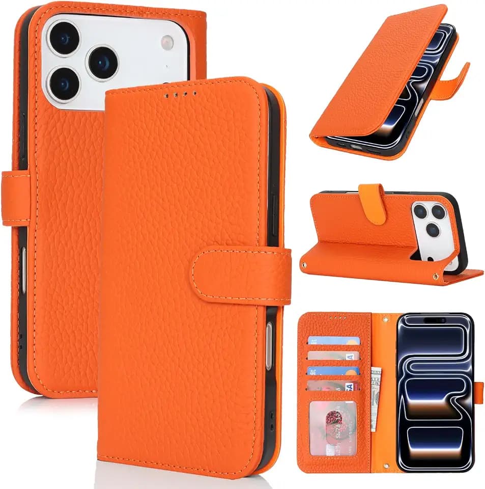 Zouzt Leather Wallet Case for iPhone 18 Pro / 17 Pro, 4 Card Slot, Orange