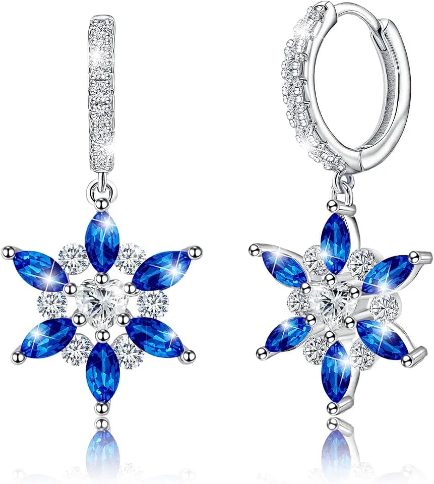 S925 Sterling Silver Blue Snowflake Flower Dangle Hoop Earrings for Women