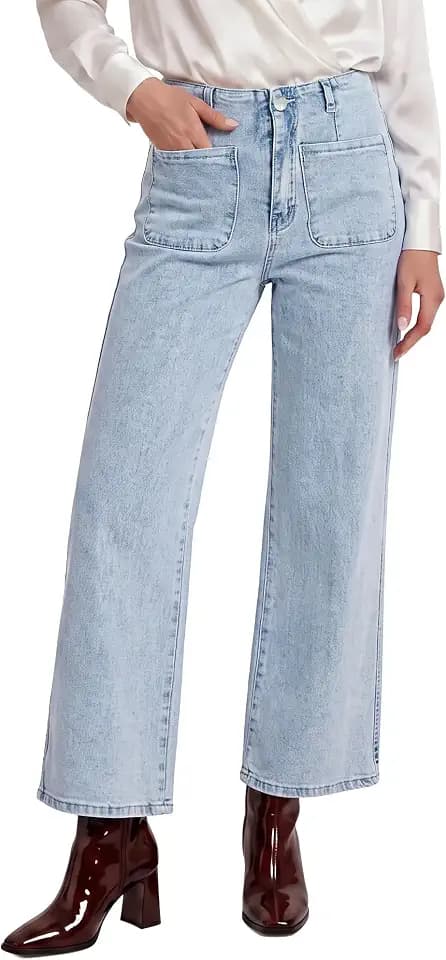 GRAPENT Wide Leg Jeans for Women High Waisted Straight Leg Stretchy Cropped Denim Pants with Pockets Jean Trousers