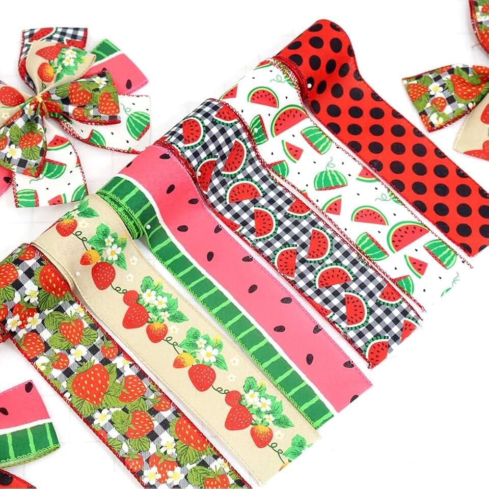 6 Rolls Summer Fruit Wired Edge Ribbon, 30 Yards Total 2.5 Inch Watermelon Strawberry Polka Dot Ribbon for Wreath Bow Making, Spring Summer Decorations, Gift Wrapping, Party Supplies