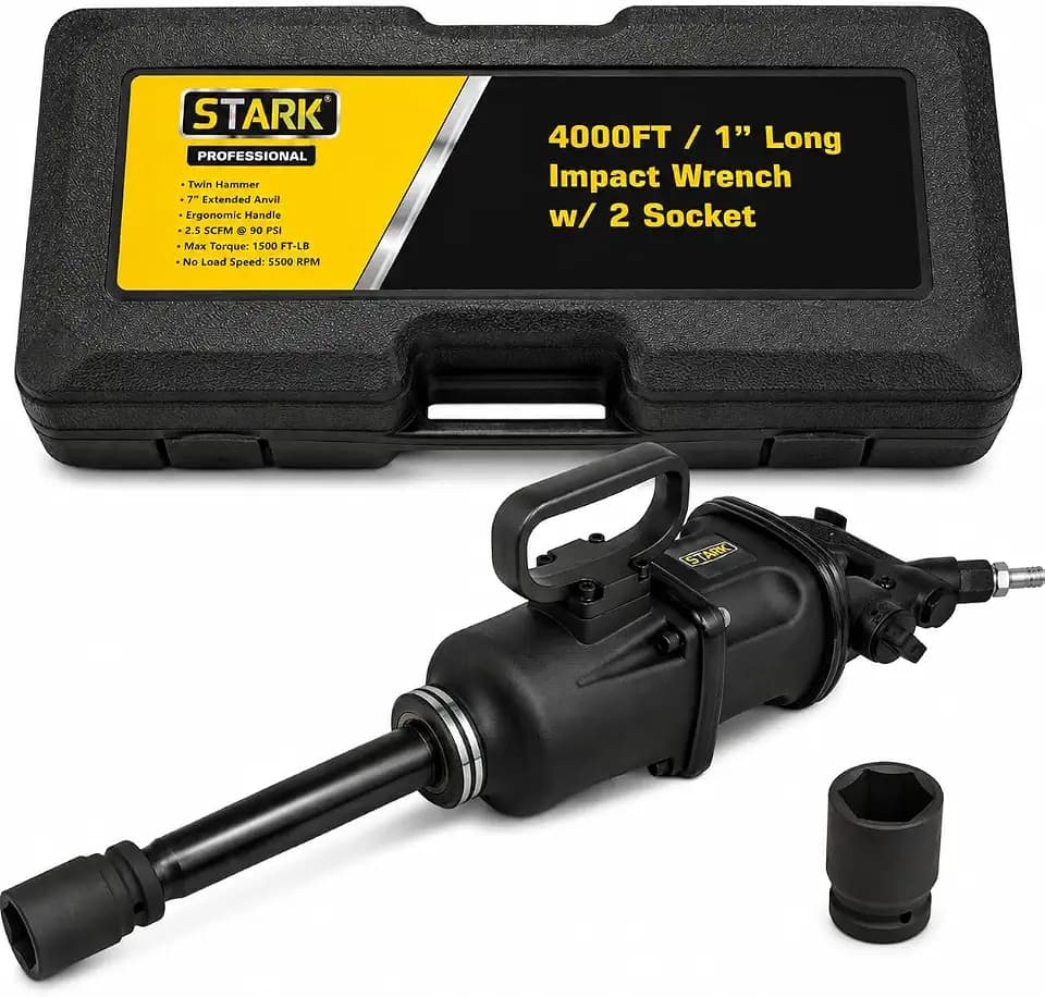 Stark USA 1" Drive Air Impact Wrench, 4,000ft-lbs Heavy Duty Long Shank Pneumatic Impact Gun with 38mm & 41mm Impact Sockets, Carrying Case for Semi Truck, Trailer & Automotive Repair