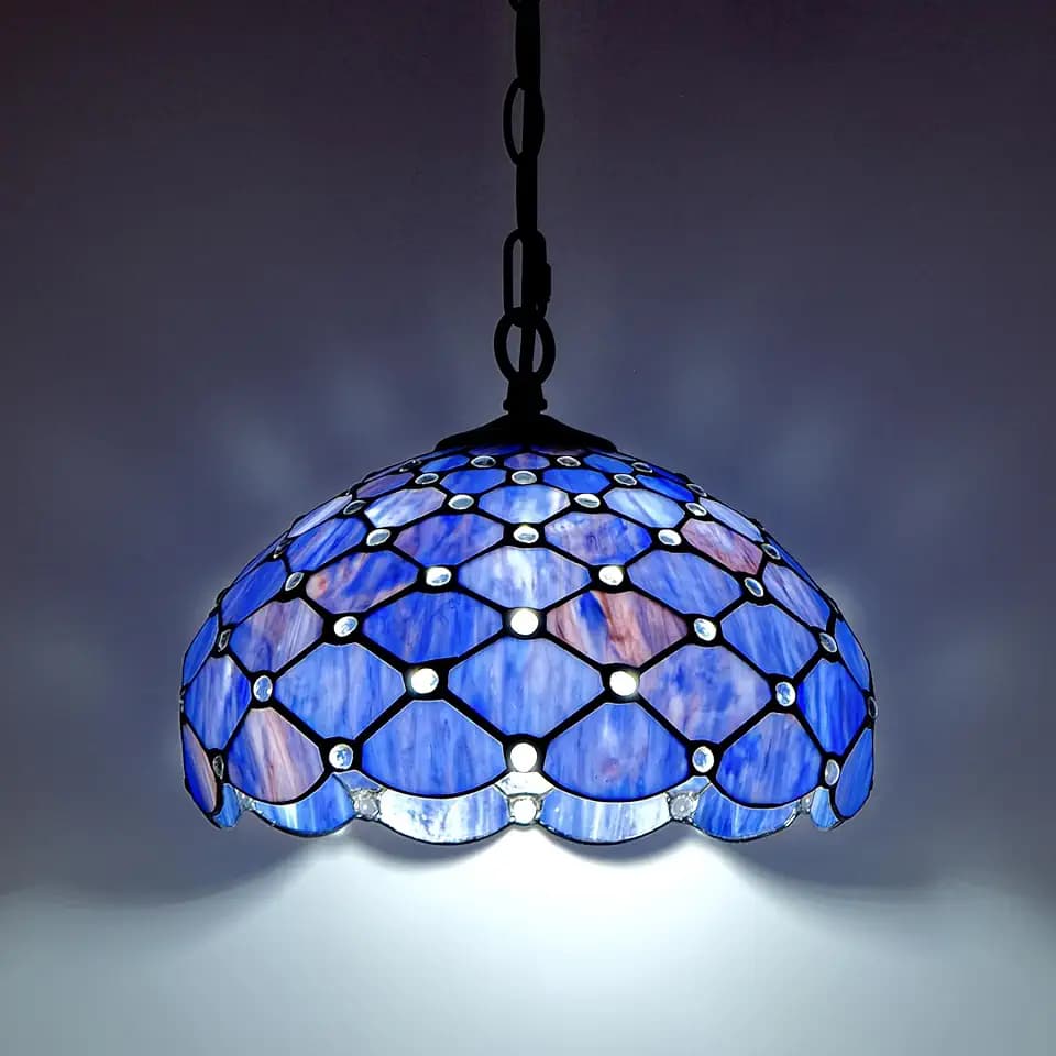 Tiffany Style Stained Glass Pendant Light Plug in, 12" Wide Pearlescent Design Hanging Lamp, 60 Inch Chain 15 Feet Cord Living Dining Room Bedroom Kitchen Home Office (Deep Blue)