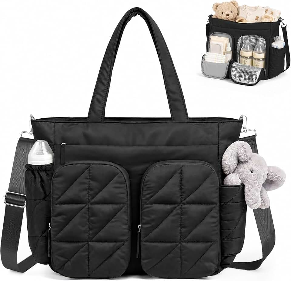 TOPEAST Diaper Bag Tote, Quilted Puffer Baby Bag with Insulated Pockets, Lightweight Hospital Bag for Mom & Dad, Travel, Work