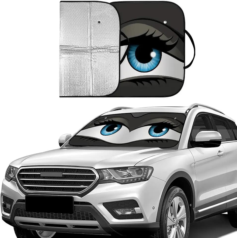Big Eyes Foldable Windshield Snow Cover, Reflective Accordion Car Windshield Snow Cover, Sun Visor for Car Windshield, Ultimate Heat & UV Protection, Suitable for Most Cars, 57.1" L x 27.6" W
