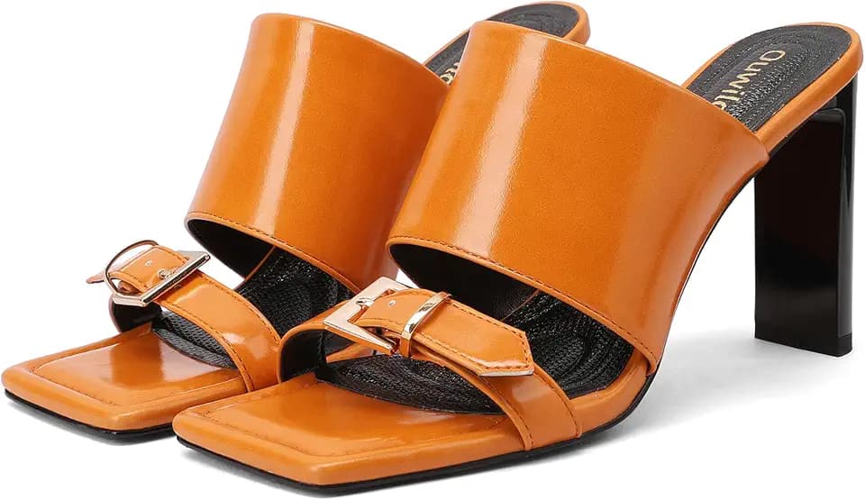Women’s Orange Patent Square-Toe High Heel Mule Sandals – 3.5" Block Heel Slip-On Dress Shoes
