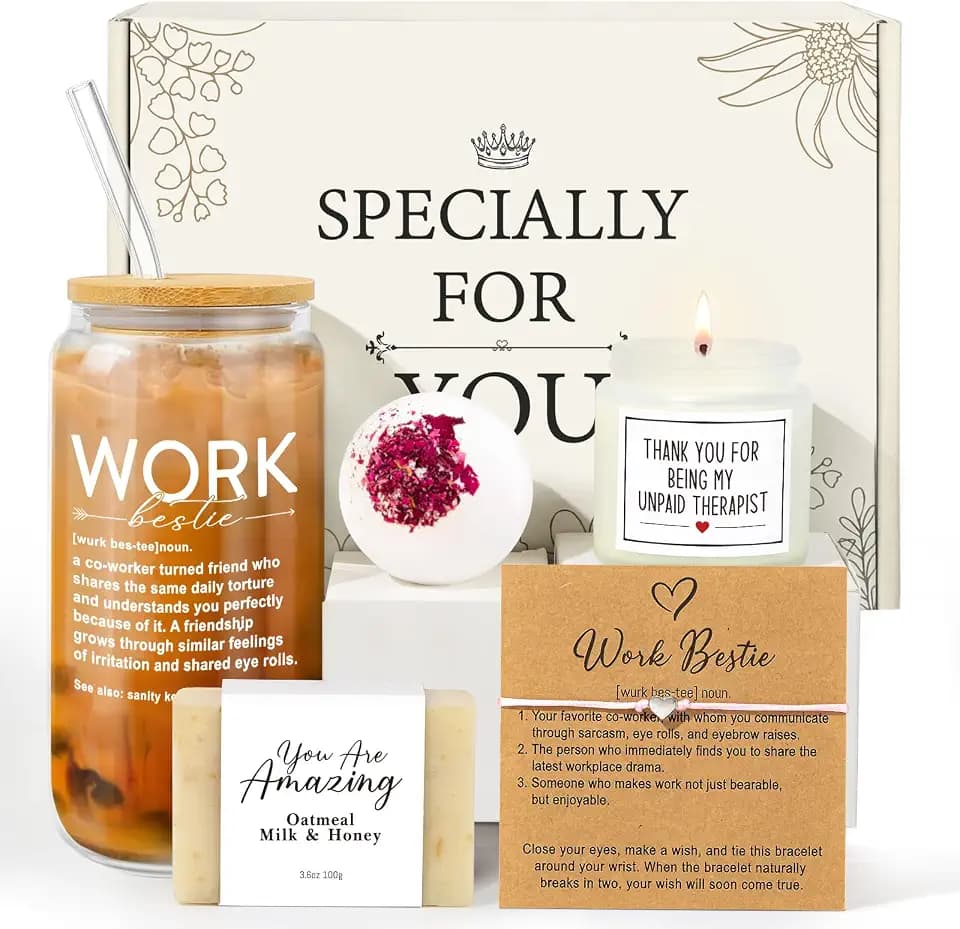 iAOVUEBY Work Besties Gifts for Women, Work Bestie Gift, Coworker Leaving Coworker Friend Gift for Women with Work Besties 16oz Coffee Glass, Wish Bracelet, Spa Items