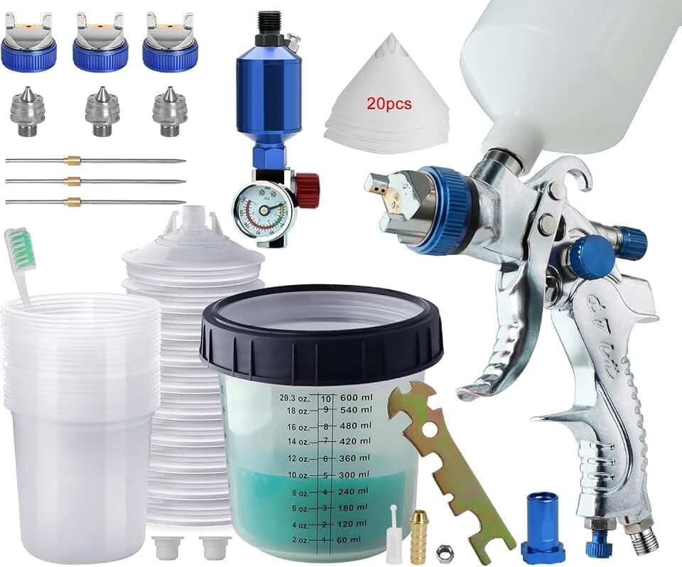 HVLP Lackierpistole Druckluft Spritzpistole Sprühpistole 3 Düsen 1,4 mm, 1,7 mm, 2,0 mm Farbsprühsystem Mit Einweg Mischbecher Enthalten 10 Stück 600ML Deckel und Innenbecher Druckregler Kits (Blau)