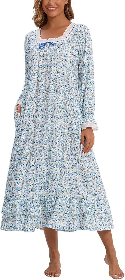 Rubehoow Viktorianisches Nachthemd für Damen, Vintage-Stil, langärmelig, Pyjama, Kleid, weiche Baumwolle, Lounge-Kleid, Nachtwäsche, S-3XL