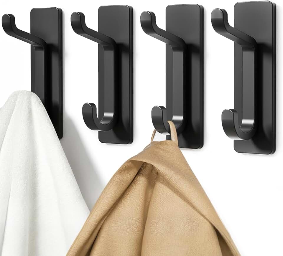 pickpiff 13LB Strong Stick-on Hooks for Coat & Towel, Black 4 Pack